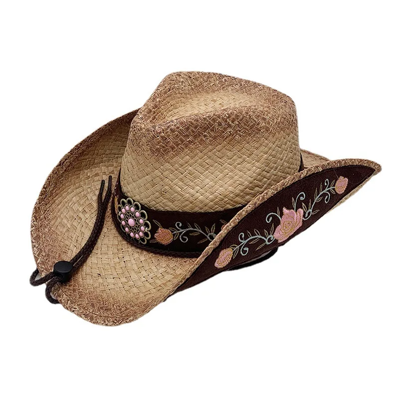 Hotsale Kelendőség Európai majd amerika Gyékény hand-woven Munkaszüneti nap Napellenző Cowboy Kalap Curling embroidered Szalma Kalap