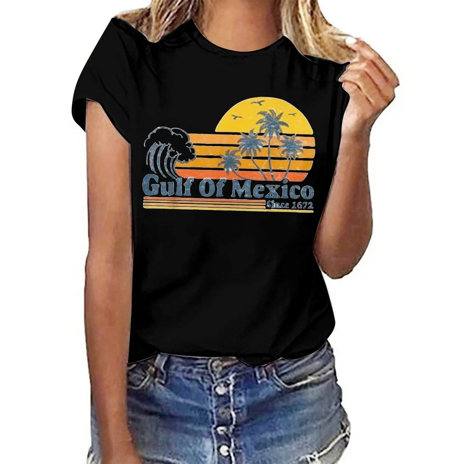 Gulf of Mexico Since 1672 T Shirt for Women Women's Letter Print Crew Neck Short Sleeve T Shirt Tee Shirt Tops Female