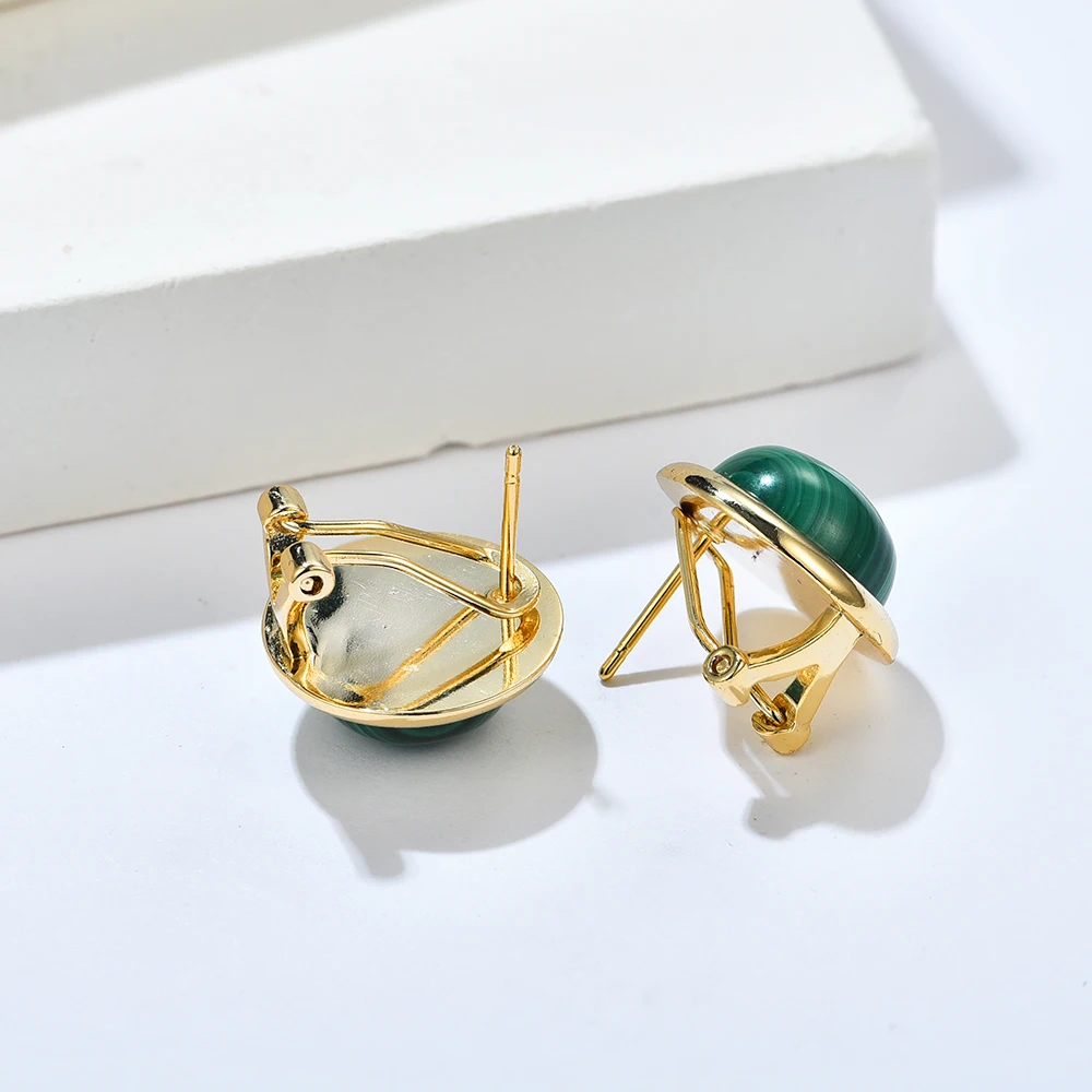 FFGems 100% Natural Malachite Gemstone Yellow Gold Clip Earrings 12mm Big Green for Women Birthday Party Trend Jewelry Gift