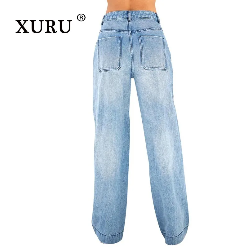 XURU-Loose Jeans for Women, High Street, Dark Blue, Light Blue, Long, New, Europe and The United States, N3-3227