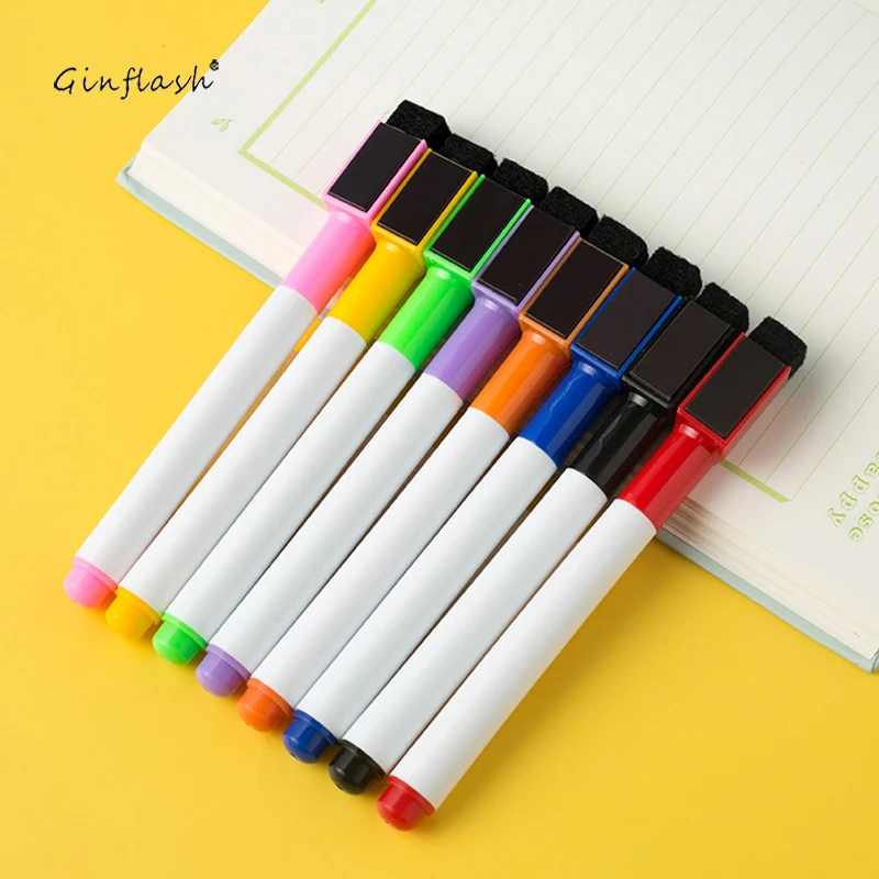 Ginflash 8colors Erasable Colorful black School Whiteboard Pen Dry White Board Markers Built In Eraser Student