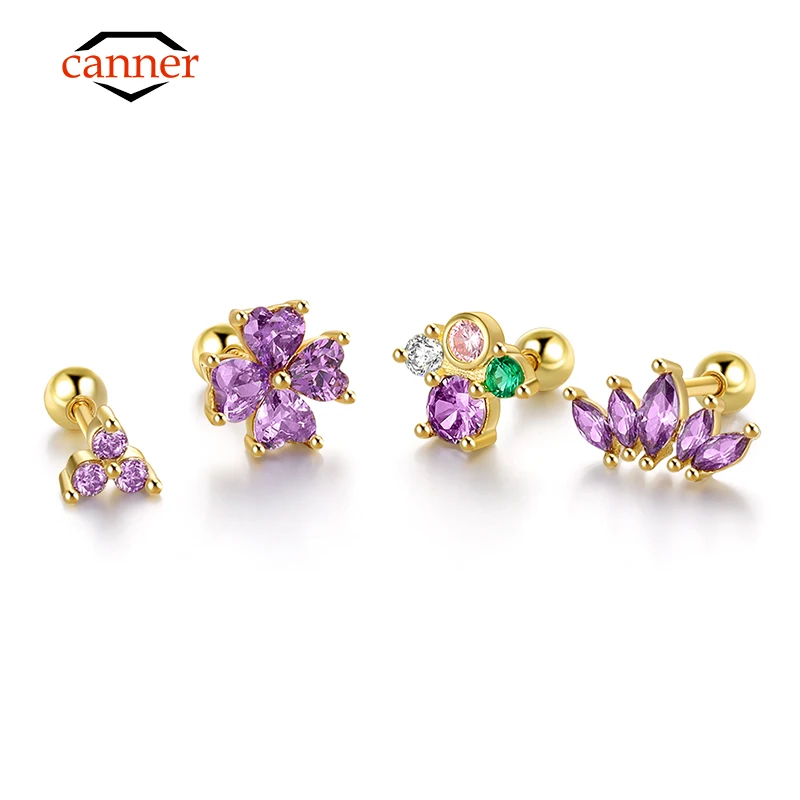 CANNER 2pcs Purple Zircon Enamel 925 Sterling Silver Piercing Stud Earrings Gold Color Ear Studs Cartilage Women Earings Jewelry