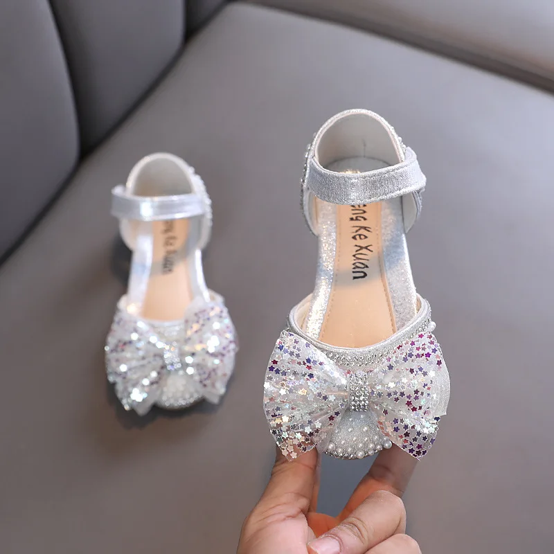 Girls Bling Princess Shoes Fashion All-match Single Shoes Stars Glitter Bowknot Kids Dress Sandals Children Party Non-slip Shoes