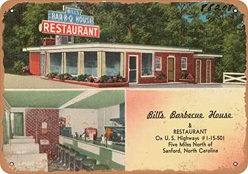 Metal Sign North Carolina Postcard - Bill's Barbecue House & Restaurant, on U.S. Highways #1-15 - 501, fi