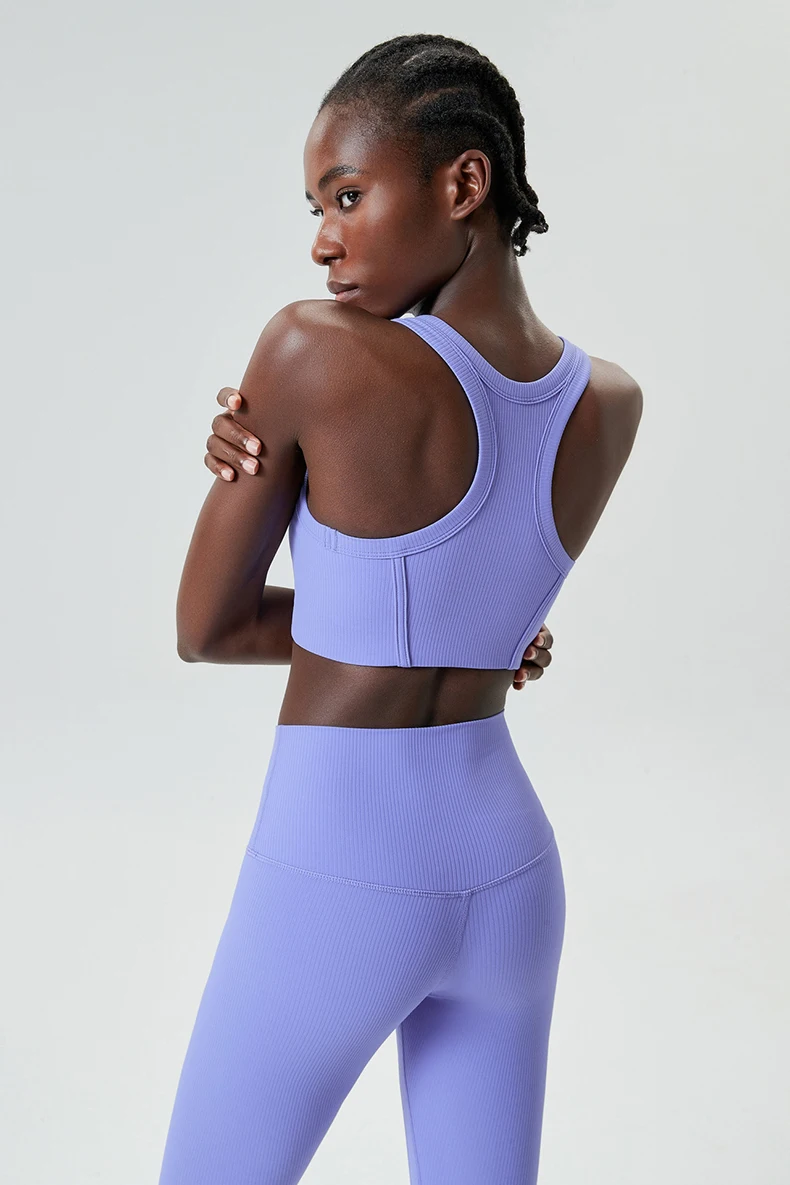 High Impact Gym Anzug Frauen Gerippter Stoff Zwei Stücke Fitness Yoga Set Slim Fit Dehnbare Laufsport Workout Kleidung – Detail 13