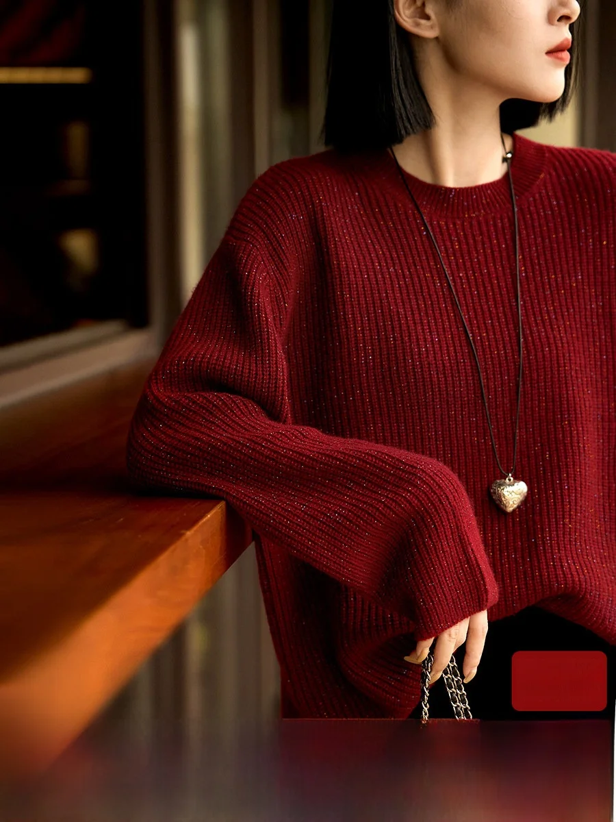 

Xiao Han Crtsmanip Wool Camere Sparkling Knitted Sweater Women's Top New Sle Soft Long Sve round Ne Warm Coat