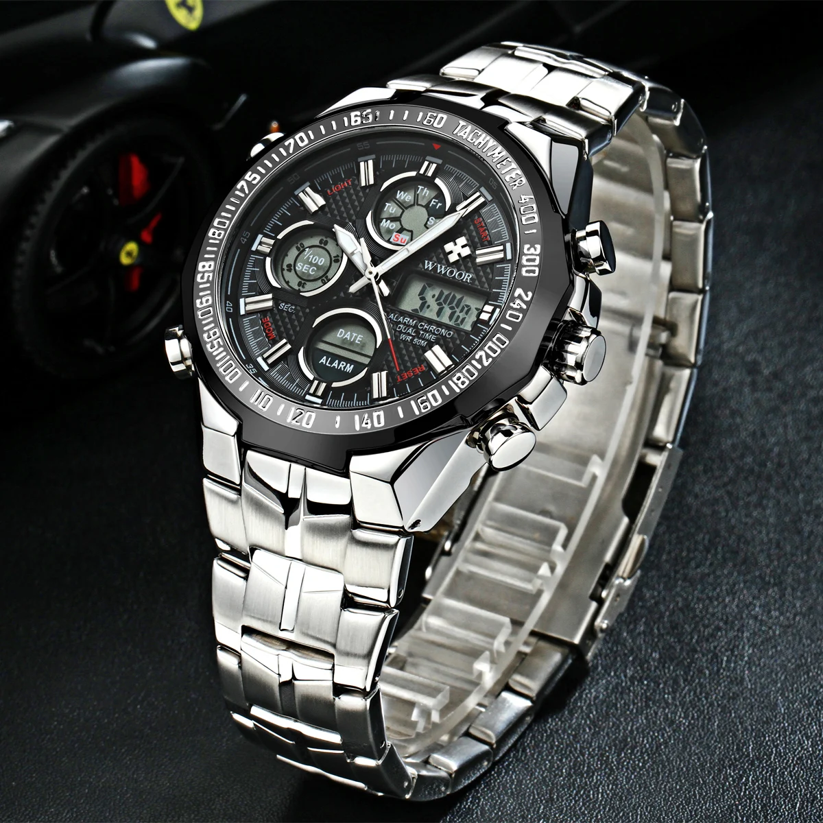 WWOOR Luxury Fashion Men Watch Sports Watch For Men Chronograph Dual Display Quartz Wristwatch Steel Band Waterproof Male Clock