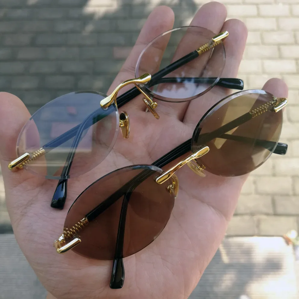 Luxus Randlose Glas Sonnenbrille Männlich Braun Kristall Stein Objektiv Gläser Kleine Oval Vintage Sonnenbrille für Männer Frauen Top Qualität – Detail 3