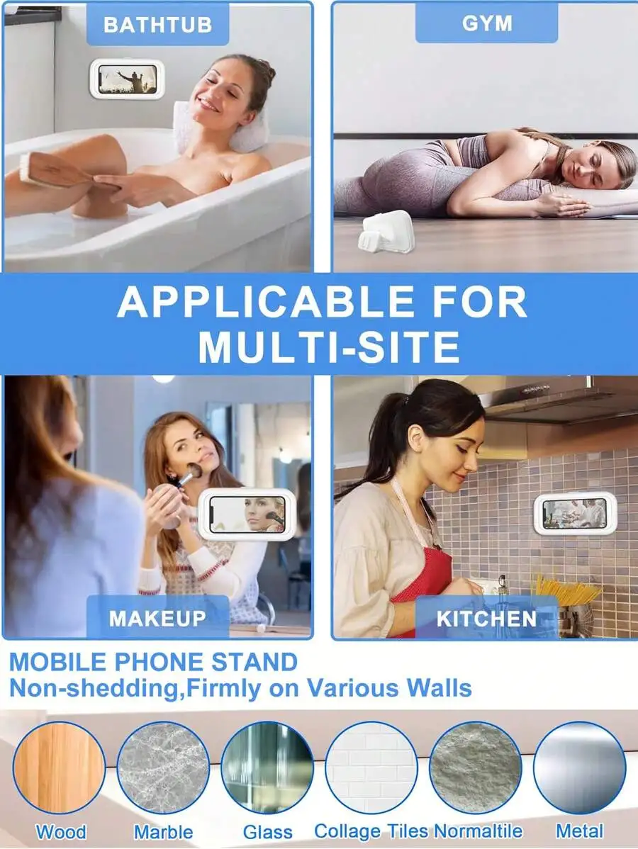 

360° Rotation Waterproof Phone Holder For Bathroom Shower Bathtub Kitchen Wall Mirror Non-Drilling Touch Screen Mount