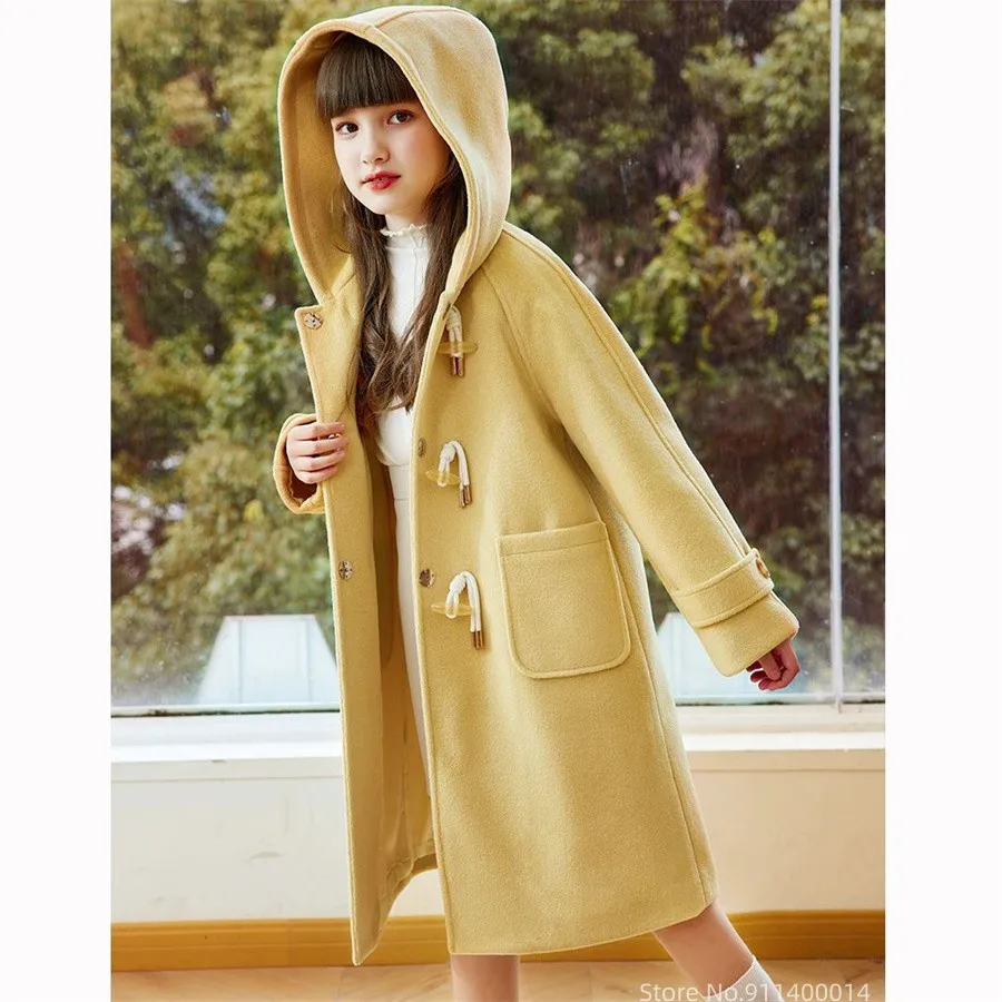 Teenage Girls Clothing 12 14 Years Winter Kid Coat Casual Long Wool Outerwear Autumn Winter Fashion Solid Color Girl Overcoat