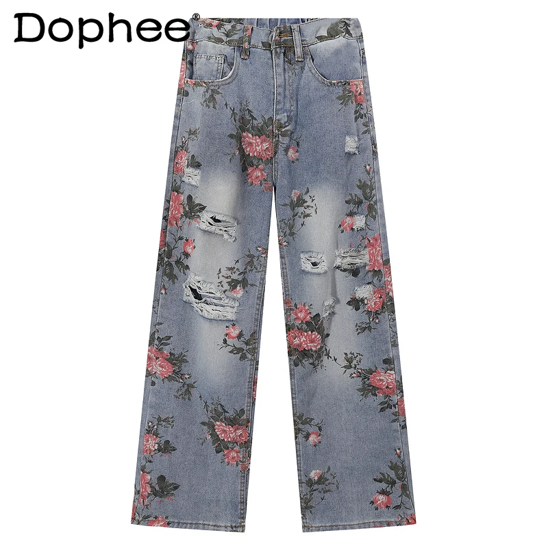 

Men Women 2025 Four Seasons Wear New Trend Denim Trousers American Style Loose Long Denim Pants Retro Rose Full Print Hole Jeans