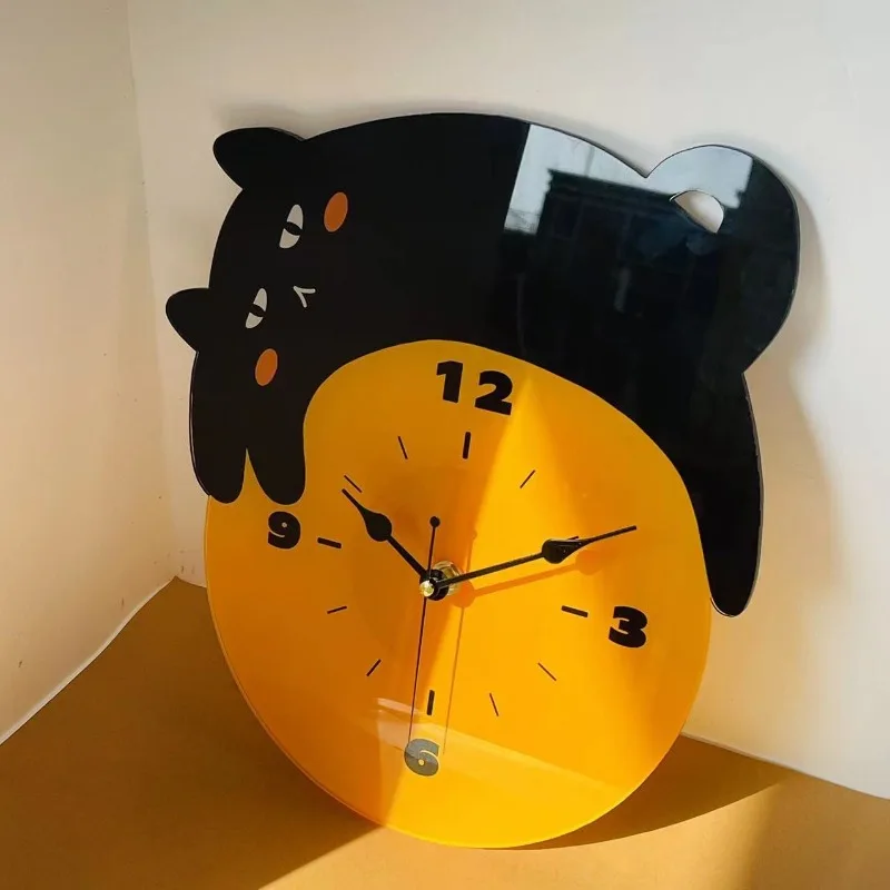 INS-style cute cartoon cat silent clock for living room and bedroom home decoration wall clock acrylic creative hanging clock