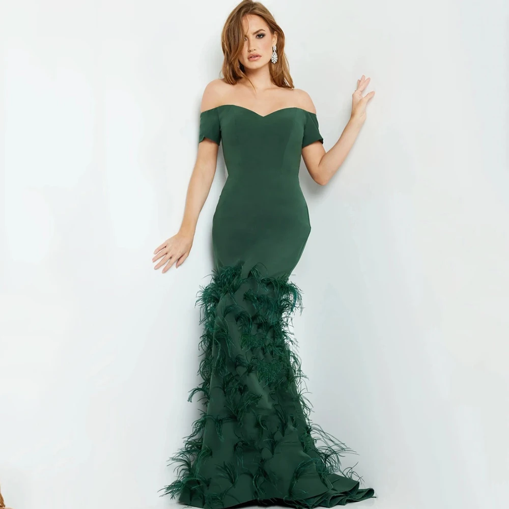 Vestidos de Noche clásicos elegantes de alta calidad Jersey para vestido de fiesta hasta el suelo con escote en forma de corazón y hombros descubiertos plumas personalizadas