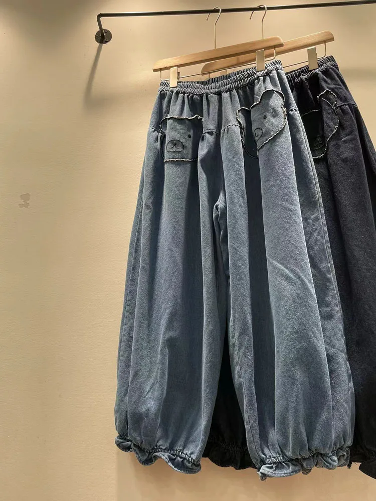 

Spring Autumn Women's Loose Wide Leg Jeans Embroidered Bear Pocket Elastic Waist Casual High Waist Long Pants Female Jeans