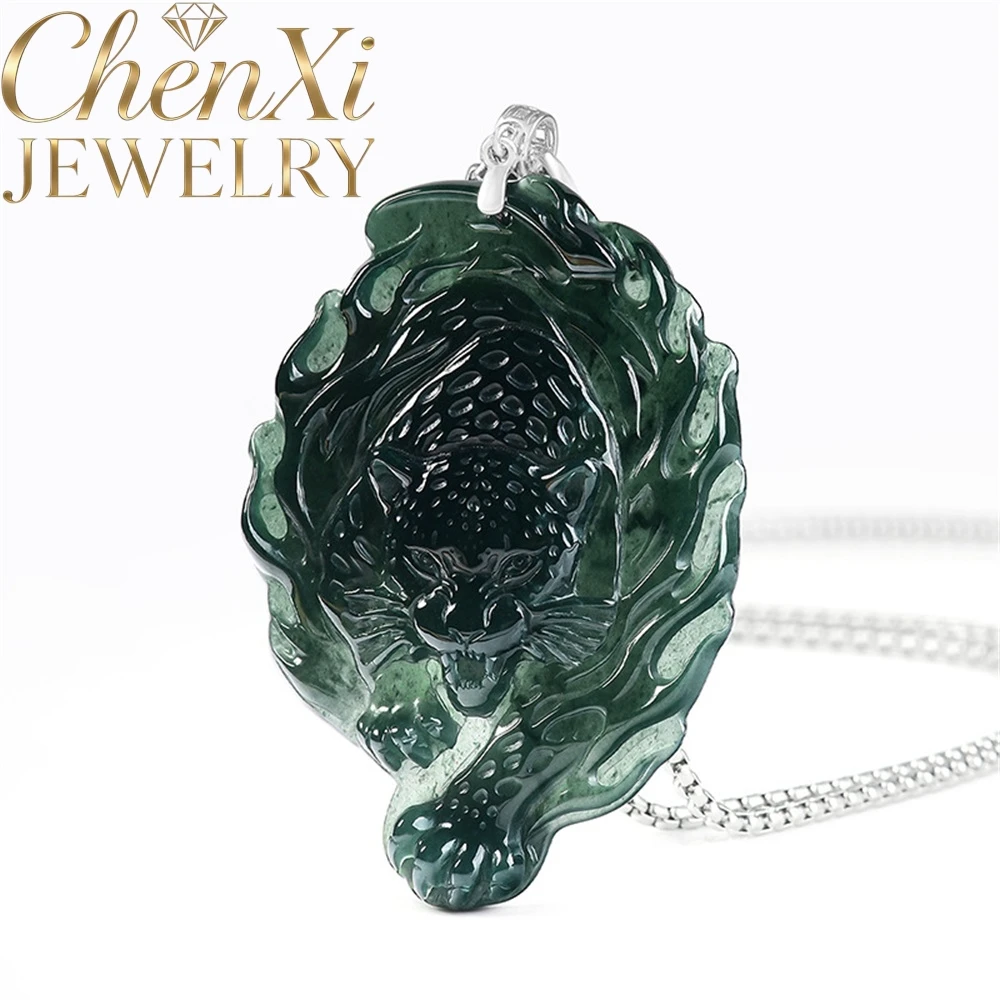 Natural A Grade Ice Blue Water Jadeite Panther Head Pendant Hand-Carved Black Leopard Necklace Fine Jewelry Gift for Collectors