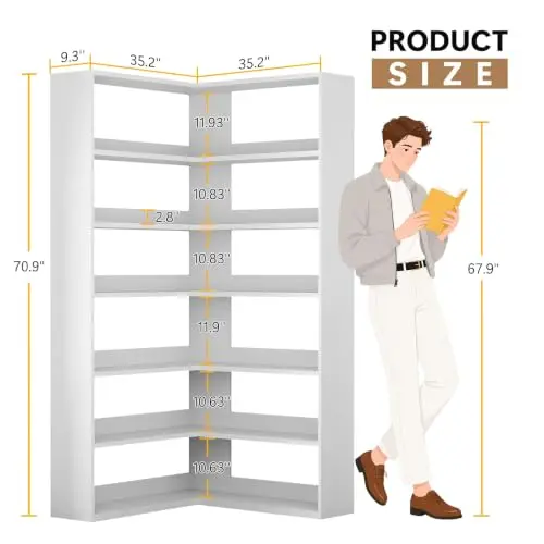 7 Tier Corner Book Shelf with LED Lights, 71 Tall Corner Bookshelf for Living Room, Study Room, Wooden Storage Display