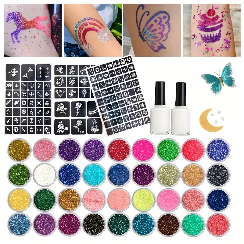 Set de 7 Tatuajes Temporales con Purpurina, Duraderos, Aptos para Cara, Cuerpo, Brazo, Cuello, Maquillaje Artístico, Bai