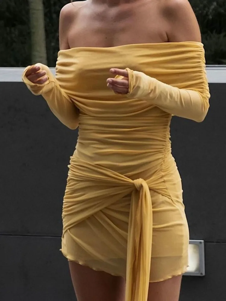 Articat sexy um ombro malha dupla camada vestido para mulheres apertado elástico plissado saia curta feminino férias festa clubwear