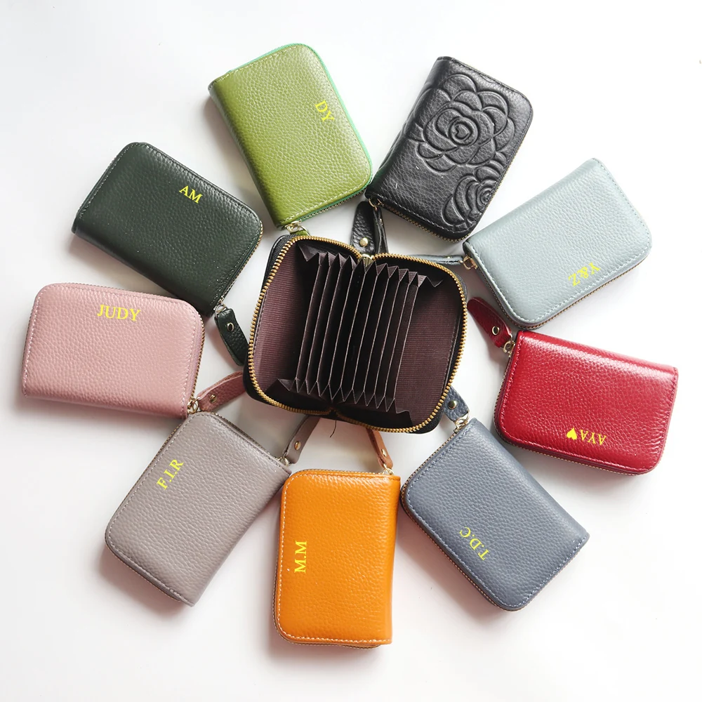 Custom Initials Genuine Leather Card Wallet Real Cowhide Organ Credit Card Holders DIY Gift Personalize Letters Women Wallet