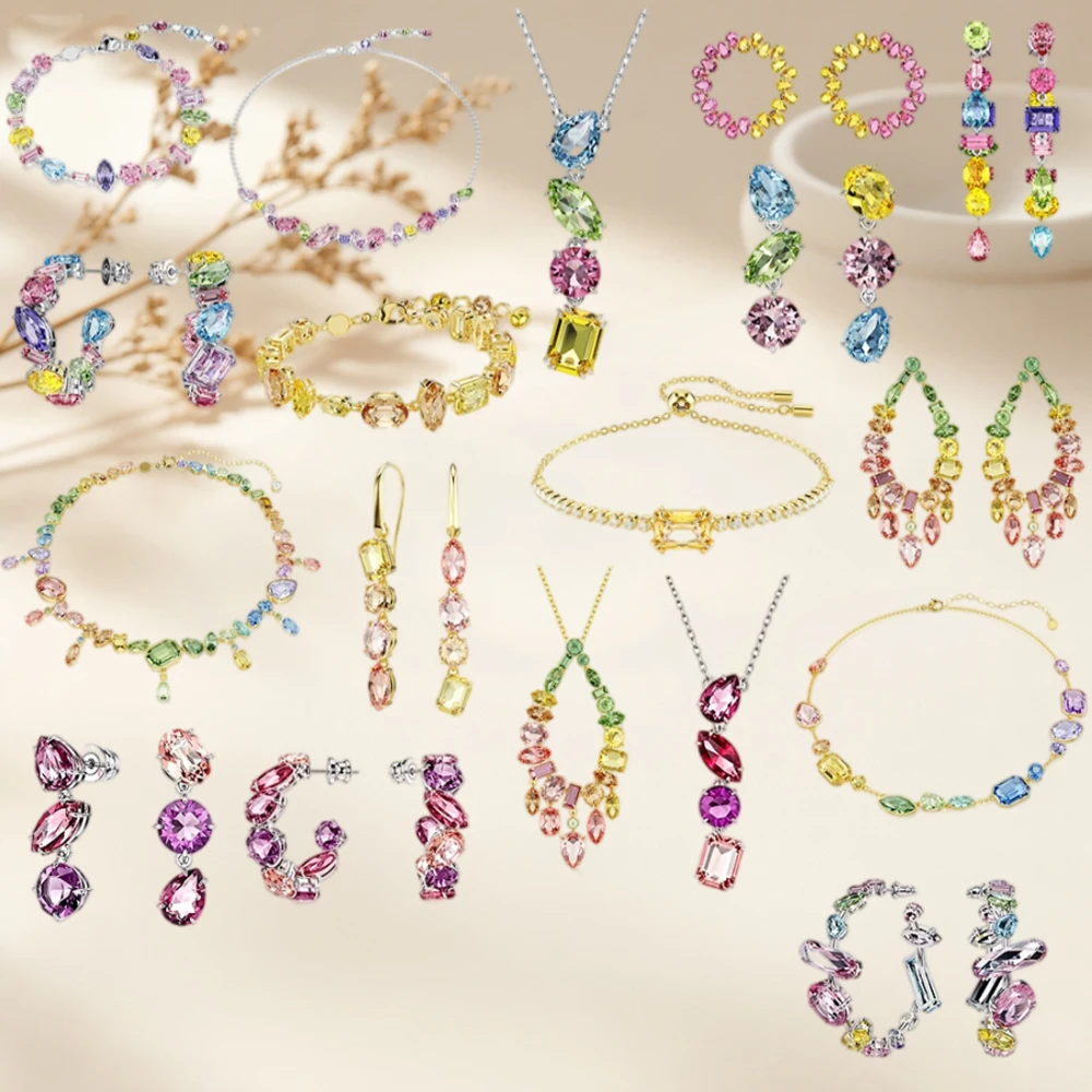 Colorful Rainbow Mixed Multi Shape Colorful Treasure C-shaped Earrings with Scattered Jewel Pendant Necklace
