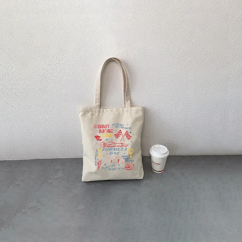 Bolso de mano de Fórmula 1 con patrón de Club de carreras de Domingo, bolso de hombro de lona para viajes, bolso de compras reutilizable para mujer,