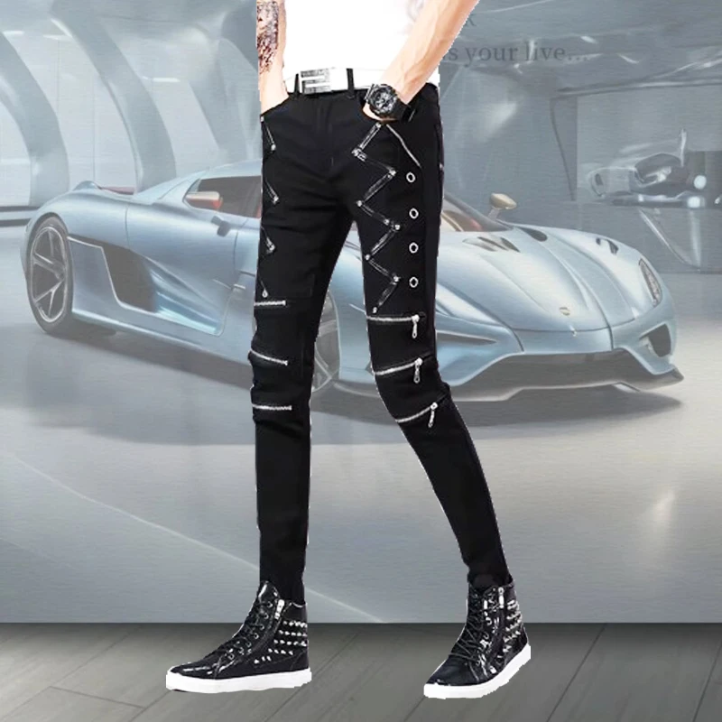 

Men's Black Biker Jeans Korean Fashion Slim Autumn Patchwork Zipper Hip Hop Streetwear Trousers Dance Gothic Punk Leather Pants