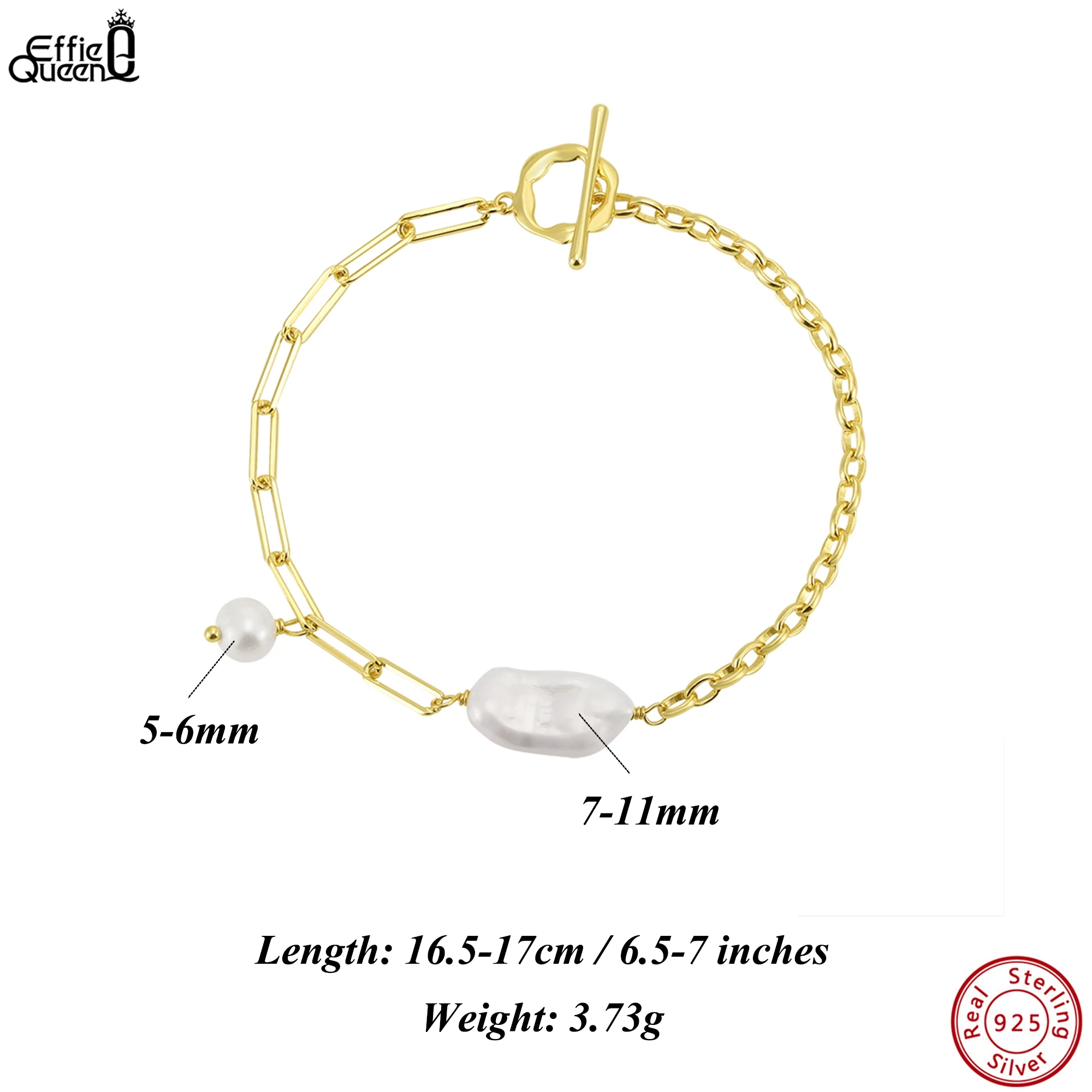 

EFFIE QUEEN Dainty 925 Sterling Silver Bracelet With Irregular Natural Freshwater Baroque Pearl Strand Hand Chain Present GPB43
