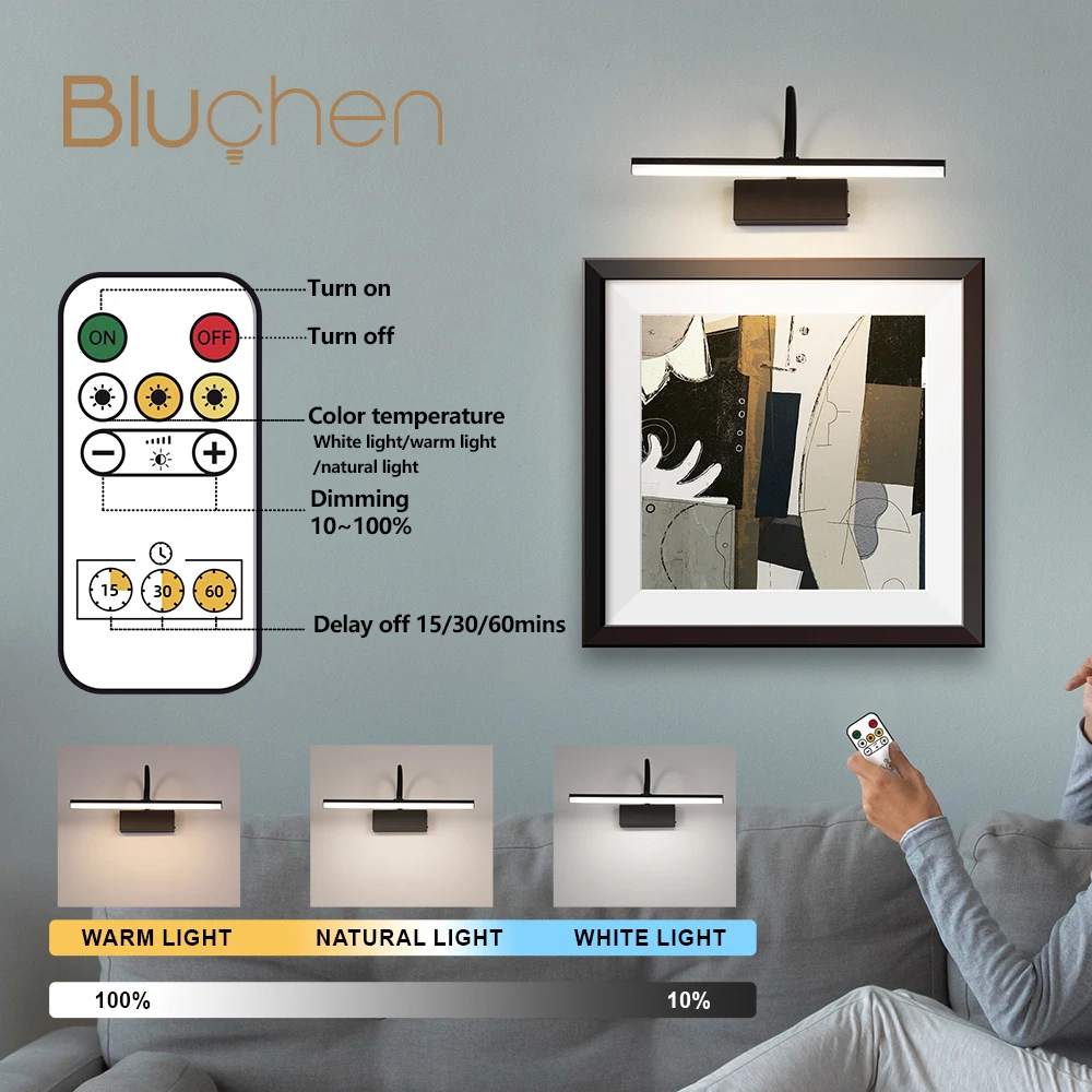 4400mAh Rechargeable Wall Lamp 40cm Interior LED Wall Light Dimming for Picture Pegboard Bedroom decoration