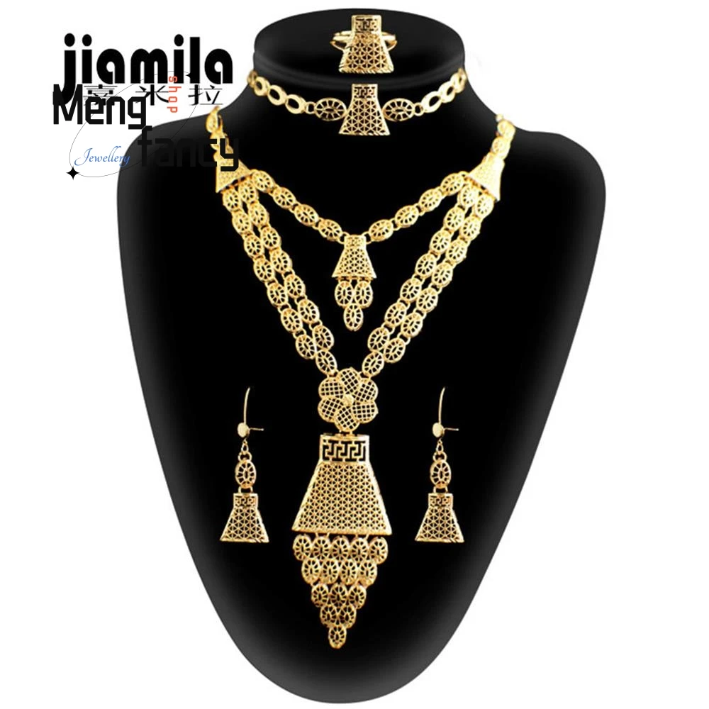 

Vietnamese Sand Gold Jewellery SetSaudi Bridal Necklace Bracelet Earrings Ring Exquisite Fashion Luxury Jewelry Wedding Souvenir