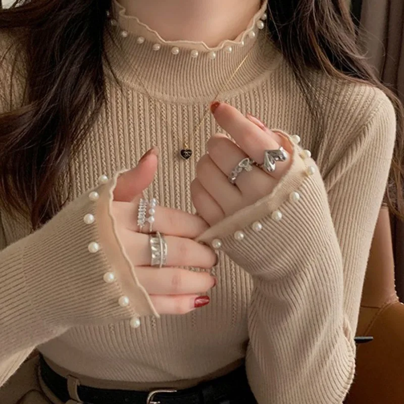 

Женский однотонный джемпер с высоким воротником, женский повседневный кружевной пуловер, свитер, осень-зима 2022, тонкий базовый трикотаж, новые тонкие топы