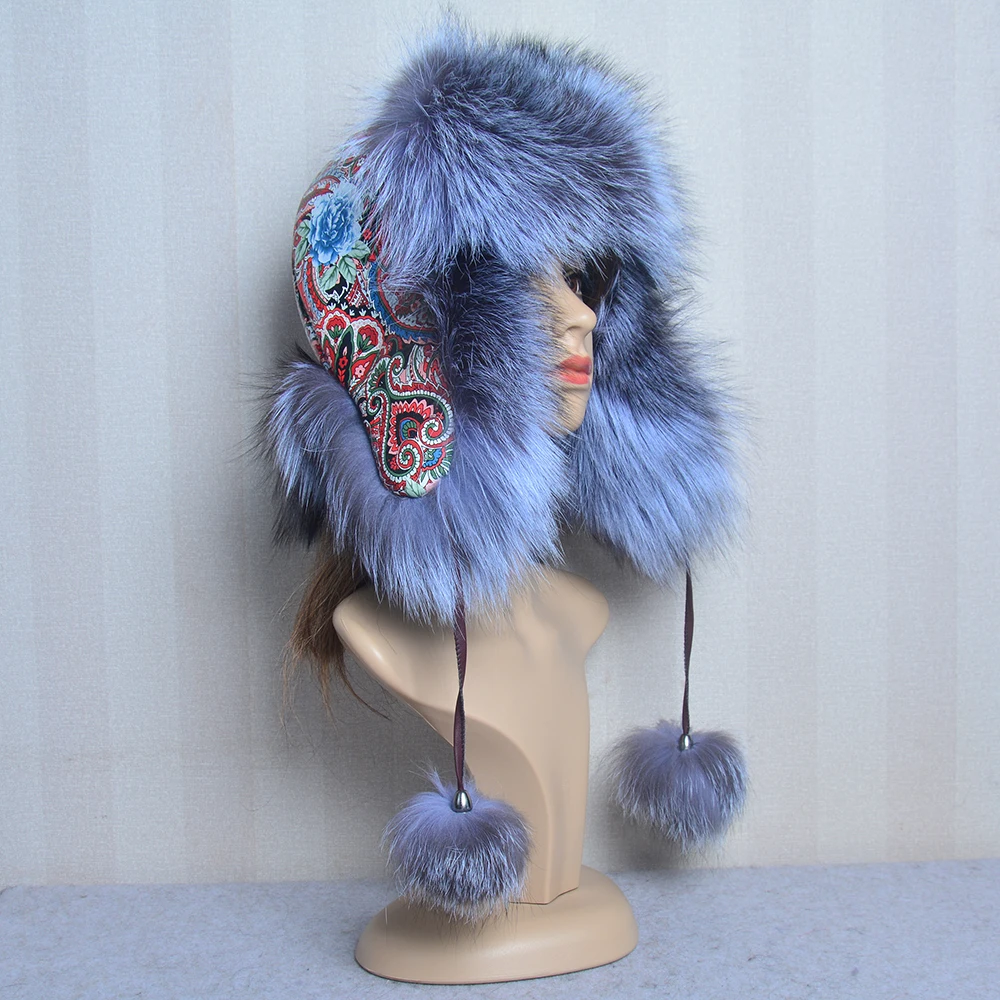 Quality Silver Blue Fox Fur Snowboard Cap Winter Sheep Leather Hat with Ears PomPom Flower Print Women\'s Fur Hats for Winter