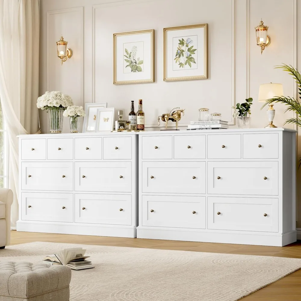 Cômoda branca elegante com 8 gavetas, cômoda de armazenamento espaçosa, 47,2 de comprimento com gavetas profundas