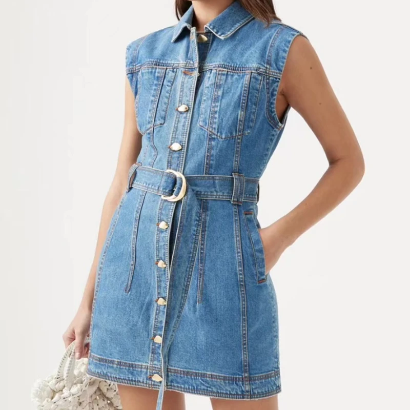 Sleeveless Jeans Denim Turn Down Collar Sahes Single Breasted Dress 2024 New Spring Summer High Quality Women Clothing