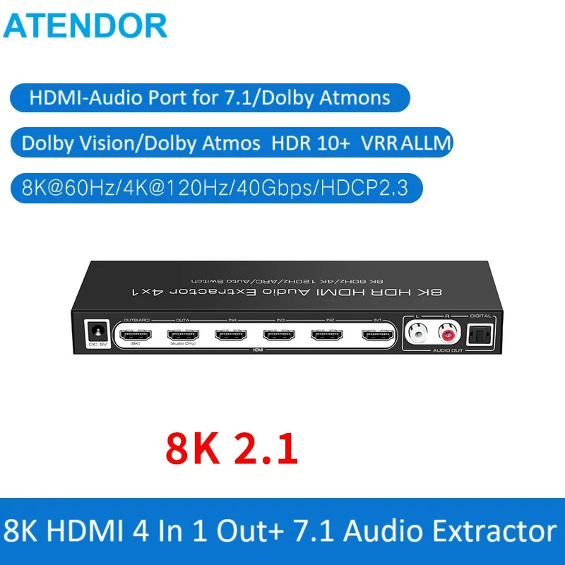 HDMI 2.1 Switcher Selector 4 In 1 Out TV ARC to SPDIF Audio Extractor 7.1 5.1 Audio Output Dolby Atmos HDR10+ 4:4:4 Dolby Vision