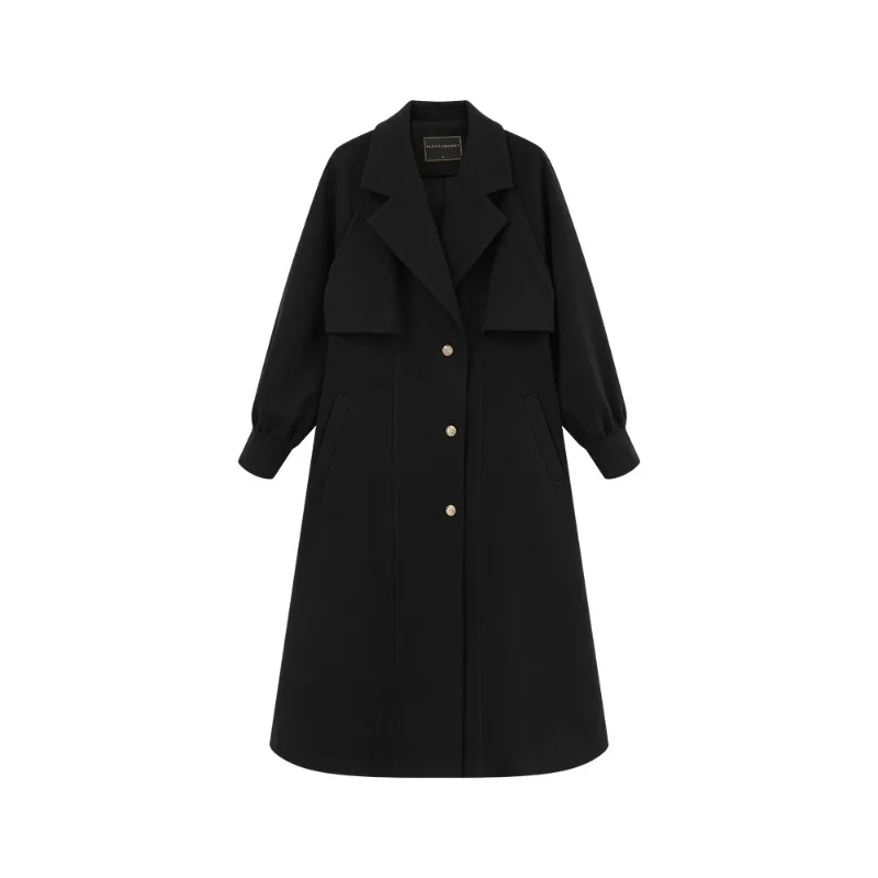 Elegant Wool-Like Long Coat Vintage Winter Overcoat for Women Slim Fit Warm Black Outerwear with Belt for Petite Fashion Look