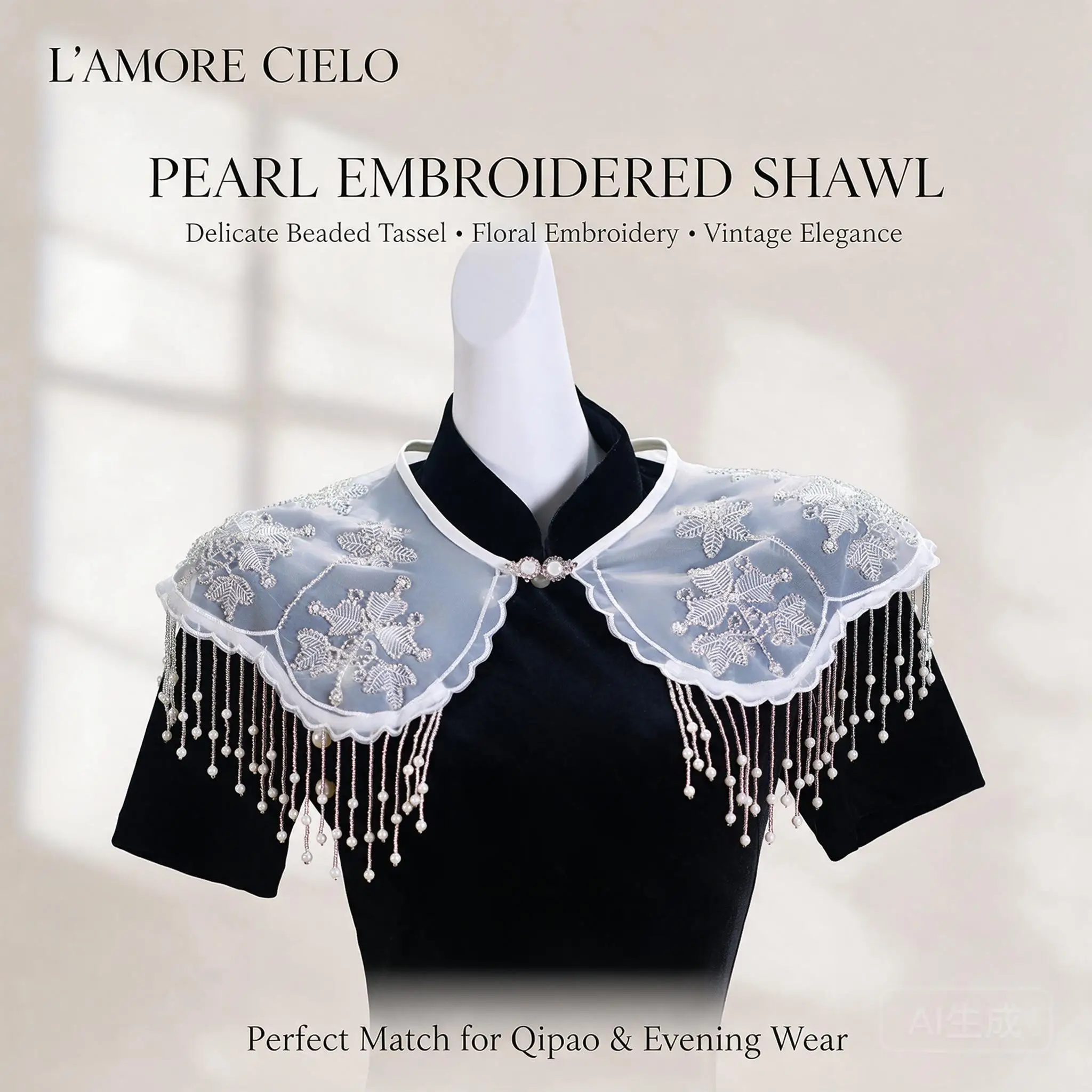 Vintage White Chinese Style Sheer Lace Pearl Beaded Tassel Cloud Collar Shawl For Women Qipao Evening Gown Spring Summer Wear