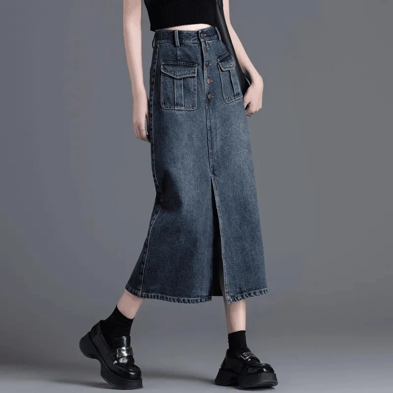 

Джинсовая сумка с высокой талией, модная юбка для женщин, новинка 2023 года, лето, средняя длина, темпераментная половина тела с разрезом для похудения, юбки трапециевидной формы