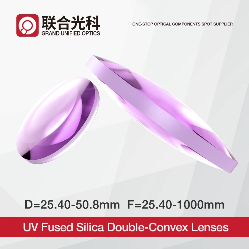 Fused Silica Quartz Vidro Optical Lente Biconvexa 25.4 mm 50.8 mm Lentes Duplo-convexas Atacado