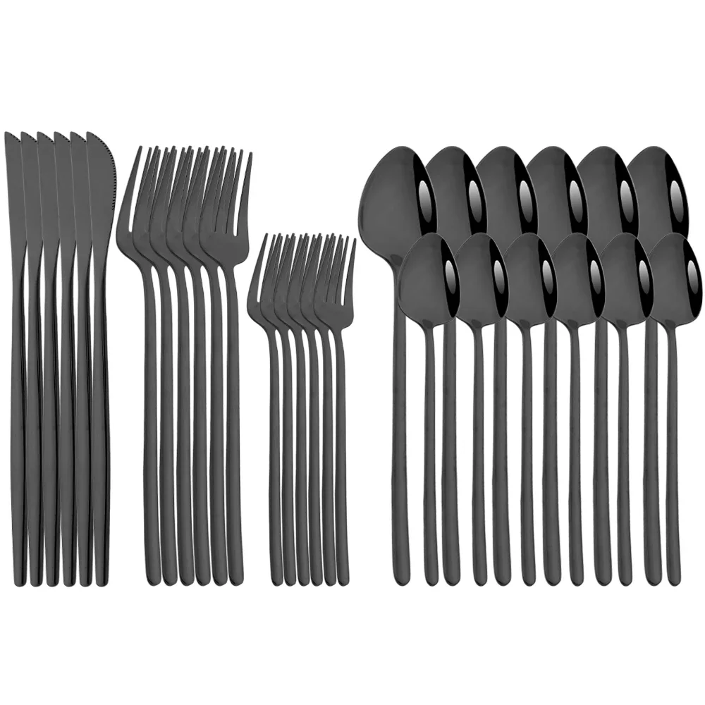 30Pcs Black Dinnerware Set Western Tableware 18/10 Stainless Steel Dessert Fork Knife Spoon Cutlery Set Home Party Flatware Set