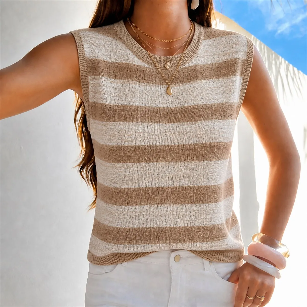 Casual Chic Women Sleeveless Striped Knit Top Crew Neck Cap Sleeve Sweater Top 2026 Summer O Neck Color Block Pullover Shirt