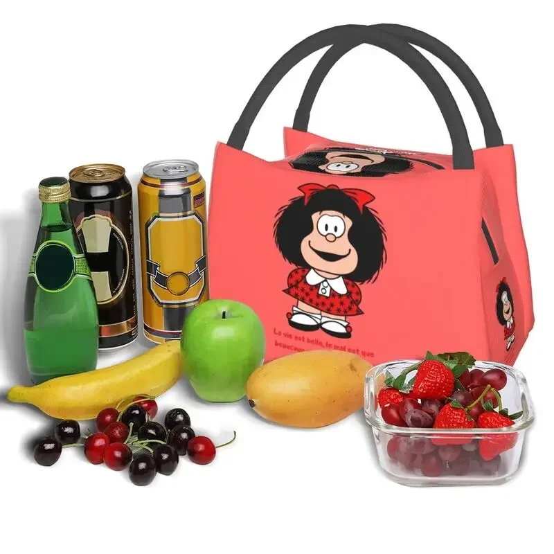 Kawaii Mafalda Insulated Lunch Bag for Outdoor Picnic Quino Argentina Cartoon Waterproof Thermal Cooler Bento Box Women