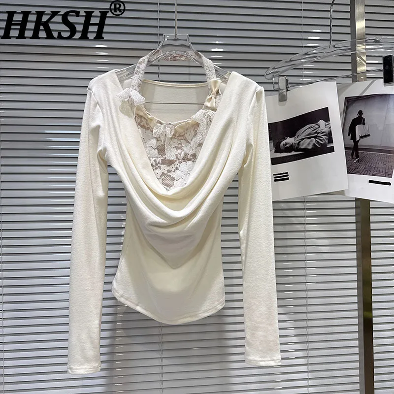 

HKSH Spring Autumn New Women T-shirt Swinging Collar Long Sleeves Tee Halter Neck Lace Vest Elegant Sexy Two Pieces Tops HK16756