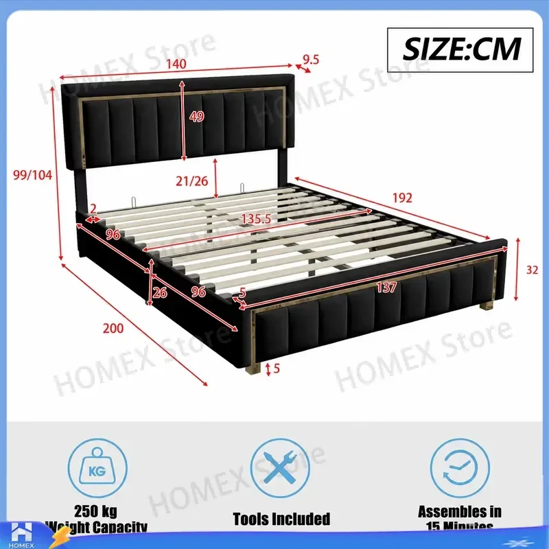 Hydraulic Lift Storage Bed Double Ottoman Bed Frame with Padded Headboard Velvet Upholstered Luxury Gold Trim 135x190cm