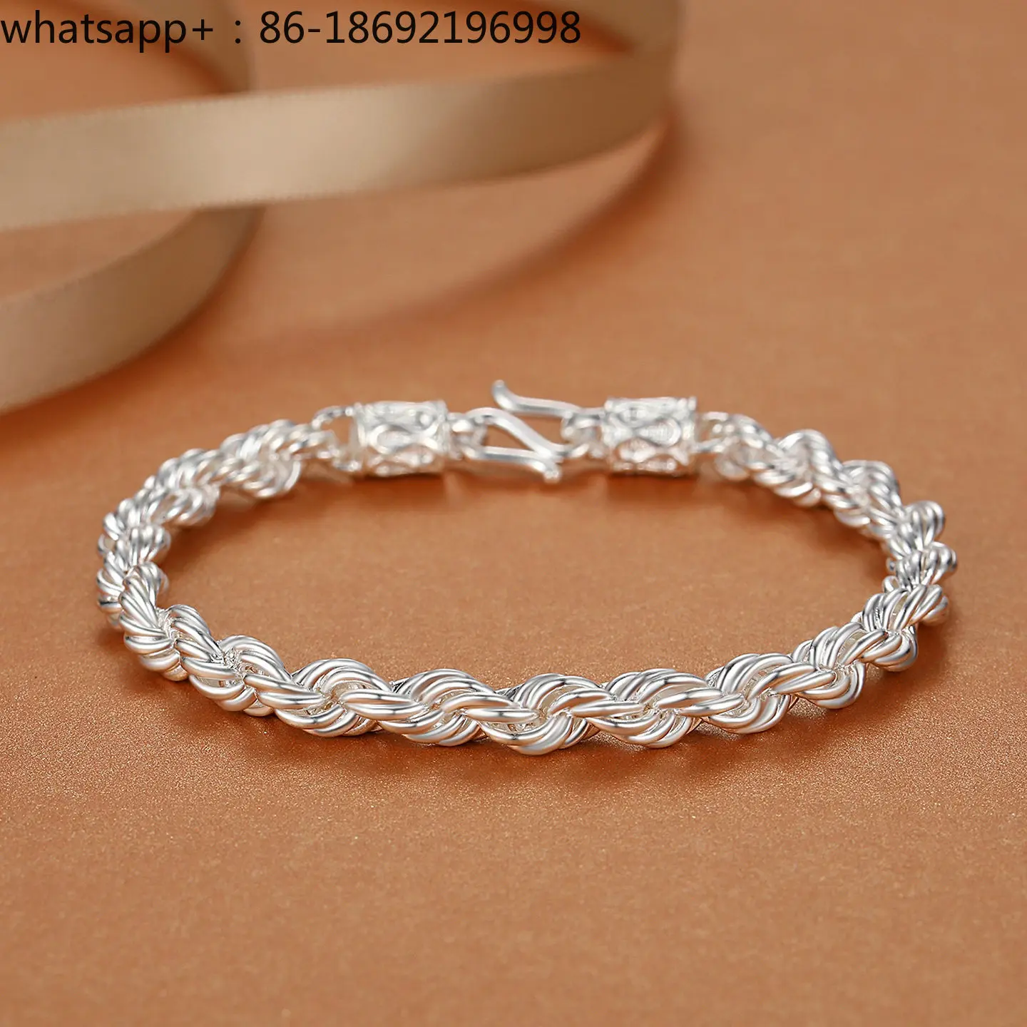 Men's Silver Bracelet 999 Sterling Silver Solid Twist Chain Foot Silver Jewelry Men's