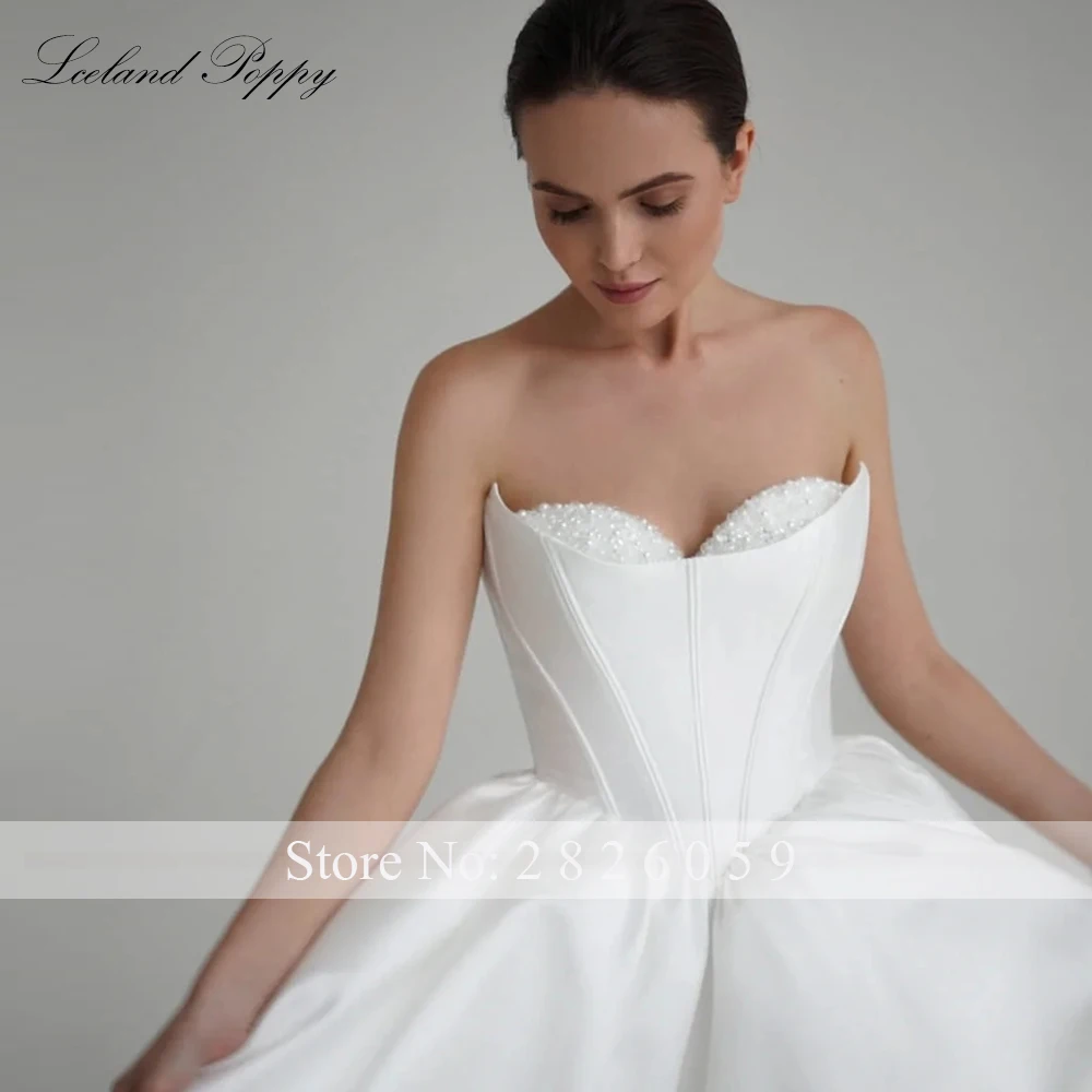 Lceland Poppy Customized A Line Strapless Satin Wedding Dresses Pearls Beaded Bridal Gowns with Court Train