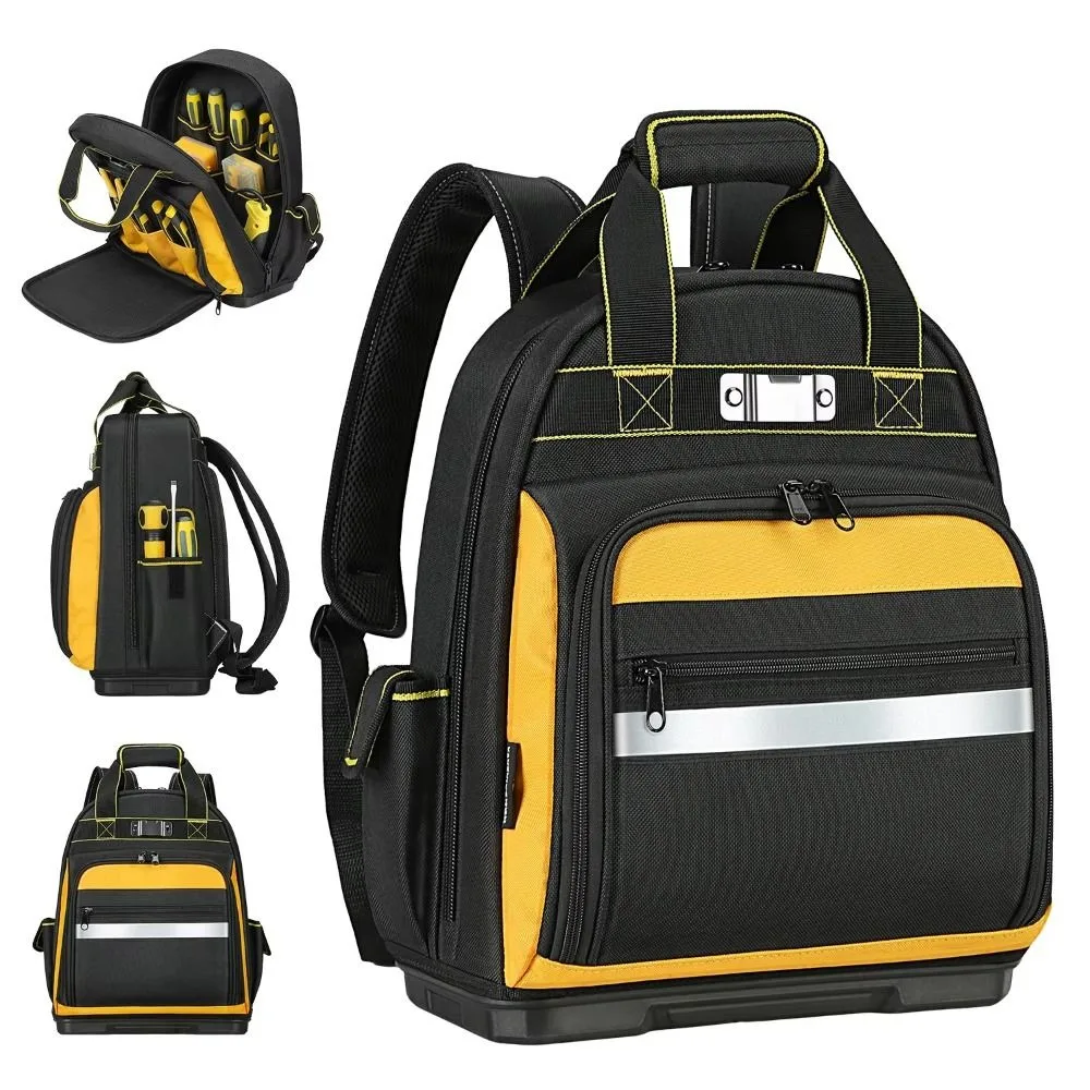 Multiple Pockets Tool Backpack Laptop Compartment 1680D Oxford Large Capacity Tool Bag Organizer Molded Base Comfortable Handle