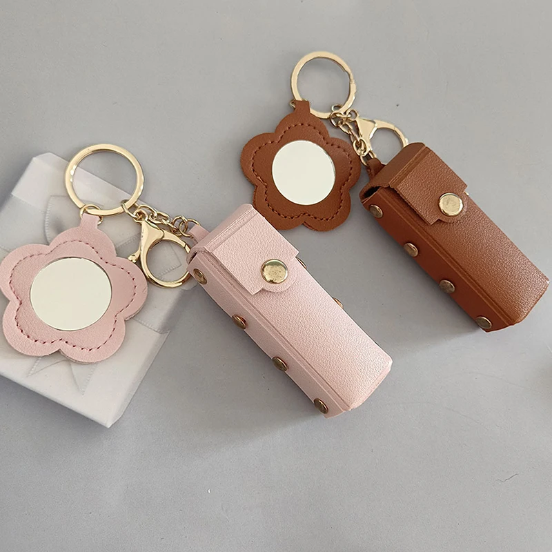 1pc Cute Portable Leather Lipstick Bag with Mirror & Keychain | Makeup Pouch Lip Balm Holder Protective Cover for Women view 2