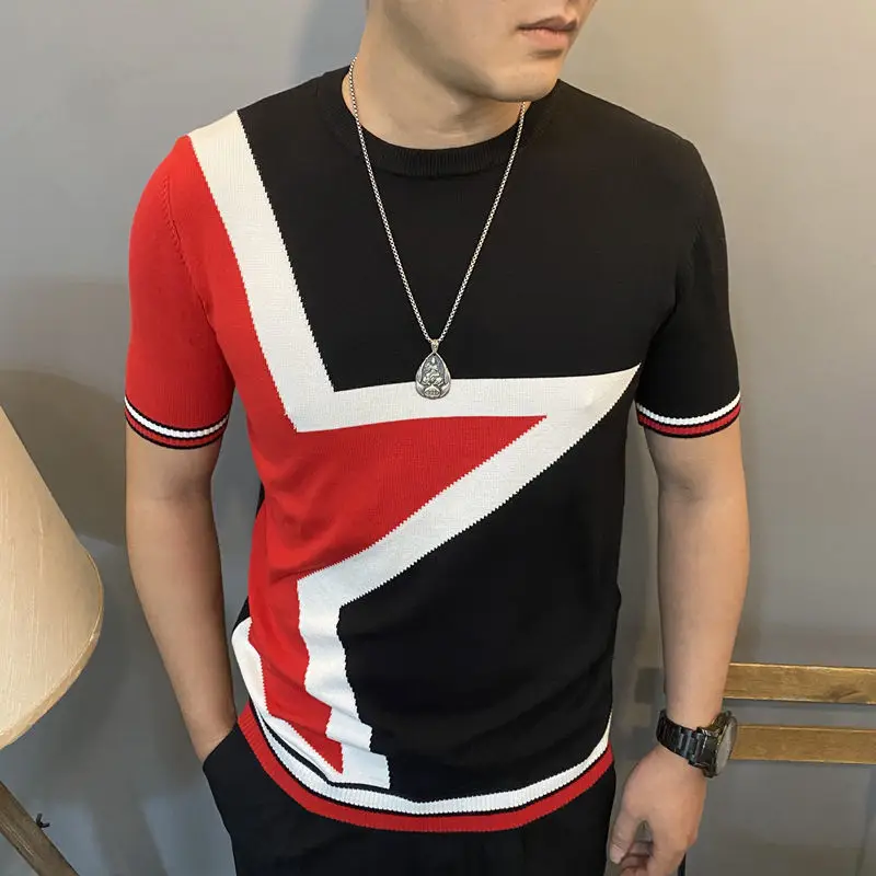 Autumn and Winter Men's Slim-fit Short-sleeved Sweater Sweater Korean Style Jacquard Slim-fit plus size Half-sleeved Sweater