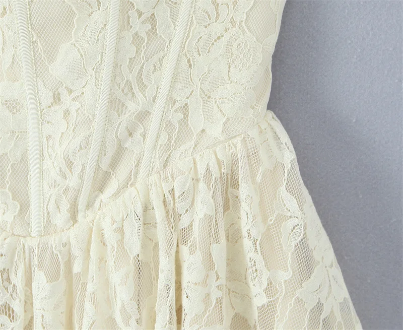 Sexy Apricot Sheer Lace Mesh Corset Style Sling Mini Dress Women Bow V neck Low Waist Pleated Swing Dresses Party