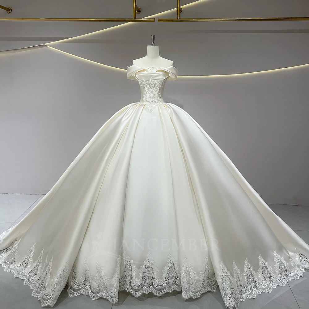 

Customized White Wedding Dresses Short Sleeved Puffy kirt Elegant Satin Women's Bridal Dress Chapel Train Vestido de novia